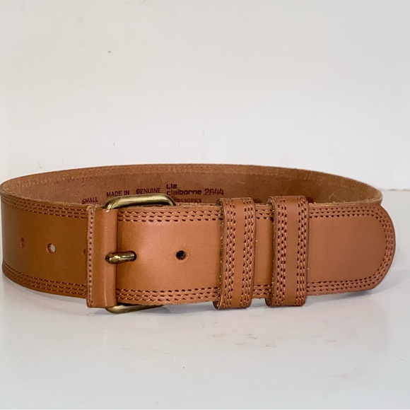 Liz Claiborne 2" Wide Tan Genuine Leather Triple Stitched Edge Belt - Picture 1 of 11